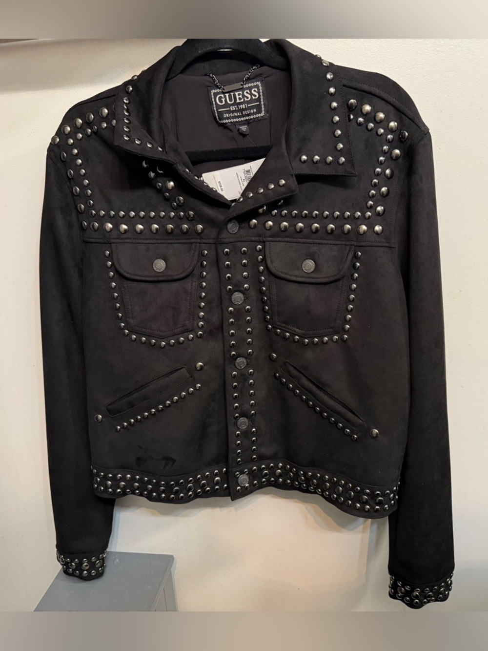 NEW NWT Women’s Guess Black Soft Studded Jacket with silver studs XL